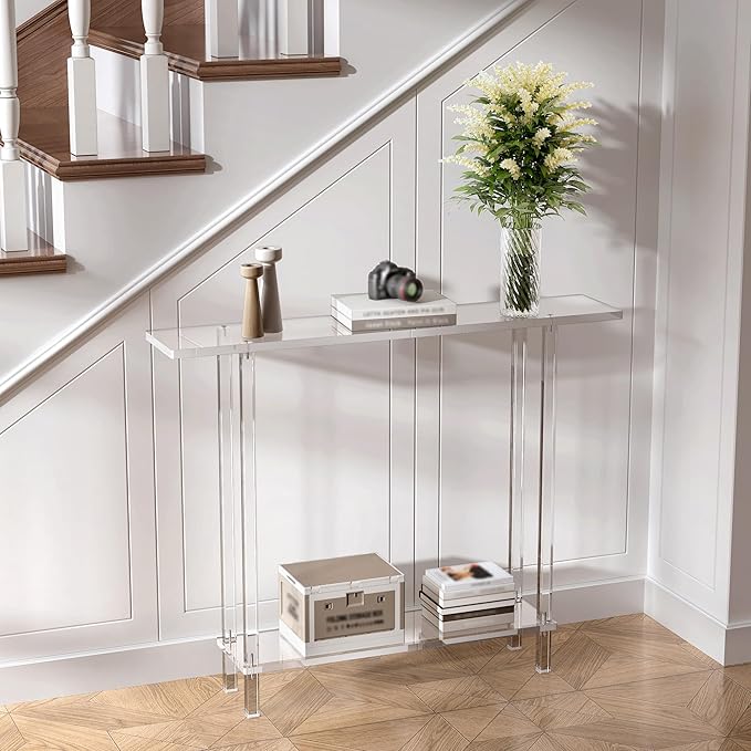 Acrylic Narrow Console Table for Entryway, 7.6" D x 39.4" W x 31.5" H, Square Legs, Skinny Entry Table for Sofa, Foyer, Hallway, Living Room, Modern, 2-Tier, Clear-Ruum Studio Home