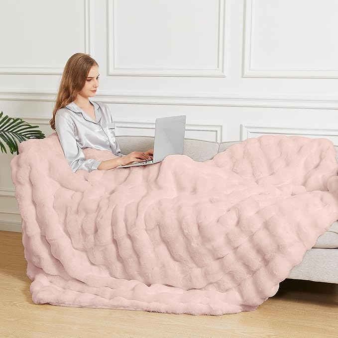 Pink Faux Fuzzy Fur King Size Throw Blanket 90x108 Cozy Furry Throw Rabbit Fur Blanket for Bed Soft Fluffy Blanket King for Living Room Bedroom Home Gifts 1000 GSM-Ruum Studio Home