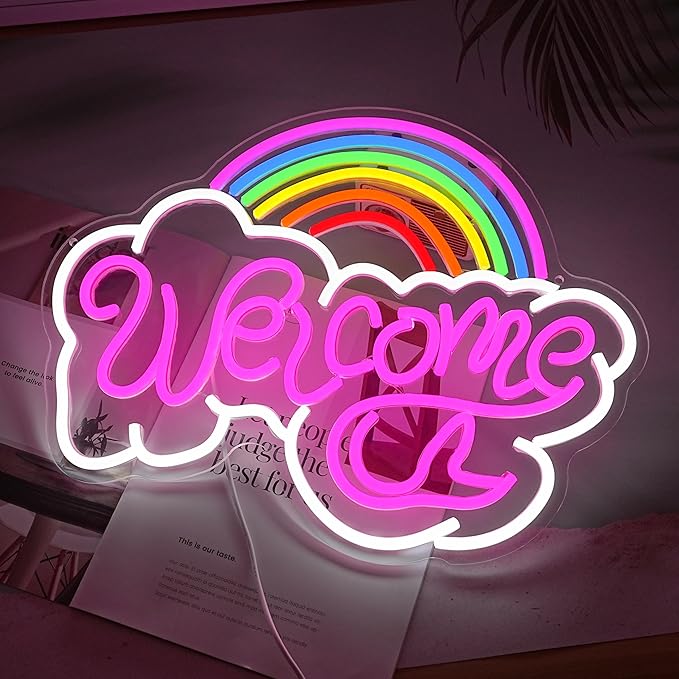 LISIGNVE Rainbow Welcome Neon Sign Cloud Light Up Sign Welcome Led Sign Rainbow Neon Light with USB for Bedroom Wedding Party School Business Wall Decor (16.5”*12.6”)-Ruum Studio Home