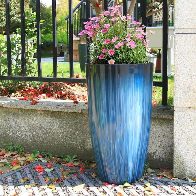 Worth Garden 23.5" H. Large Plastic Planters - Set of 2 Gradient Blue Glossy Smooth Finish - Tall Plant Pots for Indoor & Outdoor Use - Decorative Lightweight Flower Pot for Front Porch, Patio, Deck-Ruum Studio Home