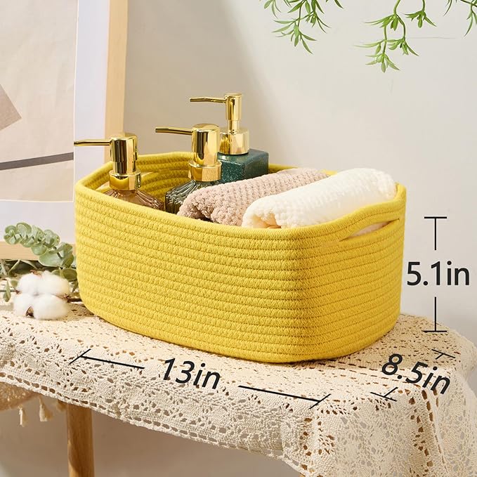 Small Storage Baskets for Organizing | Closet Organizer Bins | Shelf Toy Basket | Woven Rope Baskets | Cube Decorative Box | Shallow Basket | 13x8.5x5.1” | 3 Packs Yellow-Ruum Studio Home