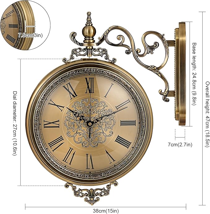 Large Vintage Double Sided Wall Clock with Glass & Metal, Roman and Arabic Numerals, Silent Non-Ticking Battery Operated Antique Clock for Living Room, Office, Hallway Decor (15x18.5 Inch)-Ruum Studio Home