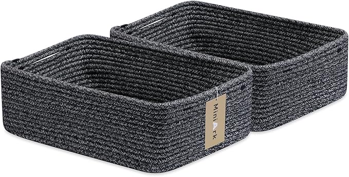 Large Shallow Organizing Baskets 15x11x5.1 Inches - Rope Woven Storage Bins for Bathroom, Shelves, Cube Closet, Mixed Black 2 Packs-Ruum Studio Home