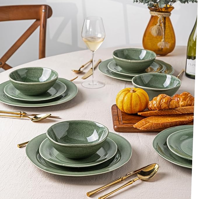 AmorArc Ceramic Dinnerware Sets, Handmade Stoneware Reactive Glaze Plates and Bowls Set, Scratch Resistant | Dishwasher & Microwave Safe Dishes Set, Service for 4 (12pc)-Ruum Studio Home