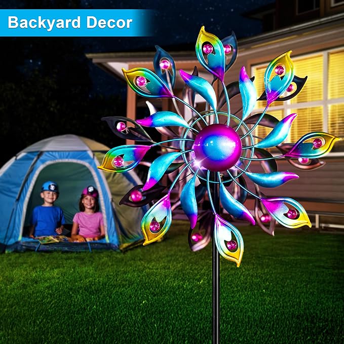 51.9" Peacock Solar Wind Spinner Outdoor Decor – Waterproof LED Lighted Garden Art with Adjustable Metal Pole, IP65 Weather Resistant for Yard, Patio-Ruum Studio Home