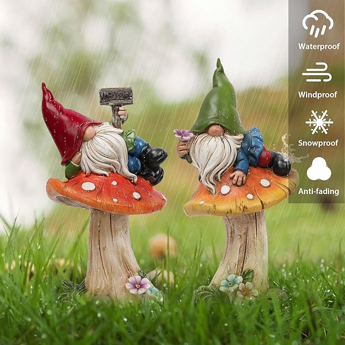 TERESA'S COLLECTIONS Resin Statues for Yard, Set of 2 Cute Garden Gnomes on Mushroom Statues for Outdoor Patio Porch Lawn, Ideal Gift for Dad Mom Birthday, Outside Decor Housewarming Gifts, 6.7"-Ruum Studio Home