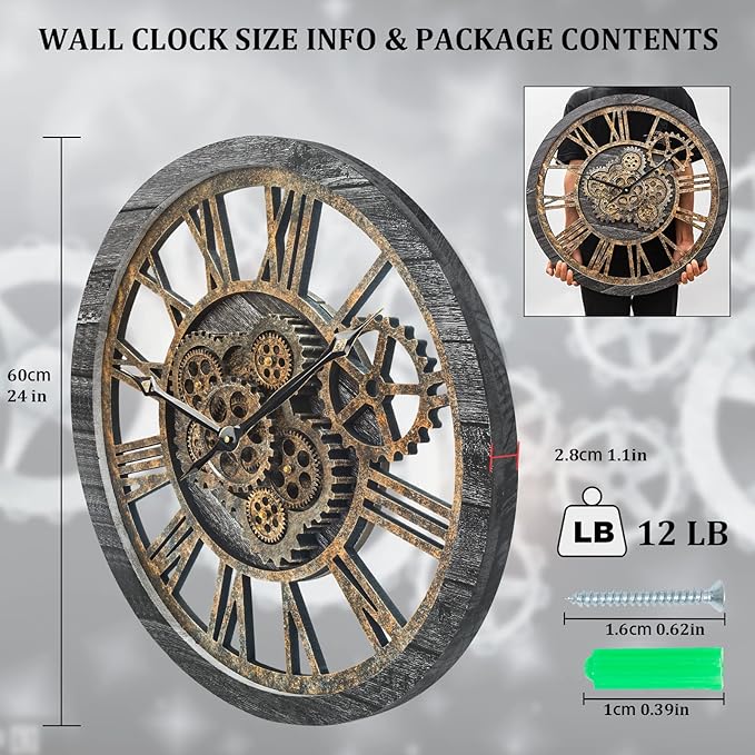 HOIBAI Wall Clock, 24 Inch Moving Gears Clock Large Wall Clock for Living Room Decor Rustic Vintage Industrial Steampunk Farmhouse Big Clock for Home Kitchen Bedroom Office-Ruum Studio Home