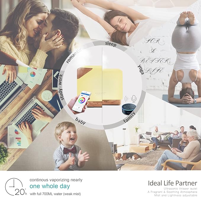 ASAKUKI Smart WiFi Essential Oil Aromatherapy Diffuser, Easy Connect with Alexa and Google Home Phone App Voice Control 700 ml Ultrasonic Diffuser, Create Schedules 7 LED Colors Humidifier-Ruum Studio Home