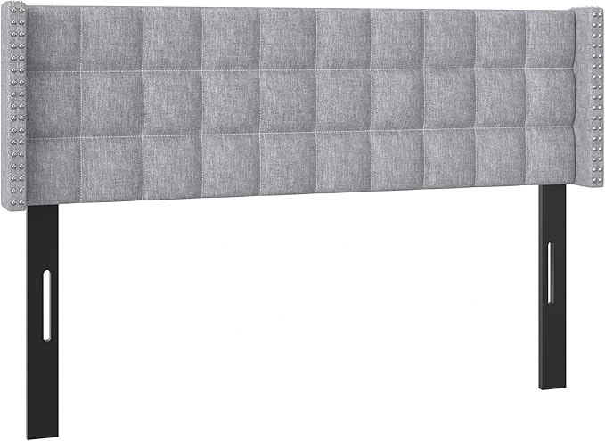 VECELO Headboard Queen Size, Linen Upholstered Headboards Only with Nailhead Trim Wingback, Square Stitched Design, Adjustable Height from 40" to 49.8", Light Grey-Ruum Studio Home