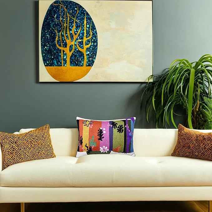 Lumbar Matisse Decorative Pillow Cover Art Nouveau Toss Pillowcase Farmhouse Chair Cushion Contemporary Pillowsham Mid-Century Couch Cushions Hand Embroidered Pillow Wool 18x18-Ruum Studio Home