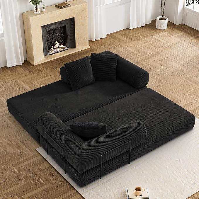 Convertible Sleeper Sofa Bed with Pillow, 4-in-1 Corduroy Folding Mattress Couch with Fixed-Shape Frame, Futon Fold Out Floor Sofa Cama Lounge Couch for Living Room Bedroom Studio, Black-Ruum Studio Home