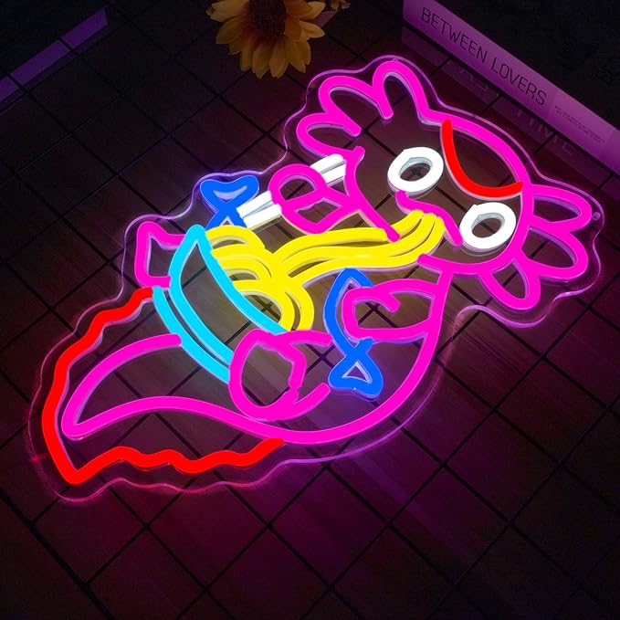 Axolotl Ramen Neon Sign for Wall Decor Dimmable Axolotl Eating Noodles LED Neon Light Cut Japanese Neon Sign Anime Neon Signs for Japan Restaurant, Home Wall Art and Kitchen Decor(15.7 * 9.7inch)-Ruum Studio Home
