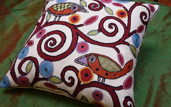 Cream Tree of Life Pillow Cover Birds White Floral Pillowcase Flower Accent Botanical Pillowsham Suzani Cushions Modern Plant Floral Cushion Hand Embroidered Wool Size 18x18-Ruum Studio Home