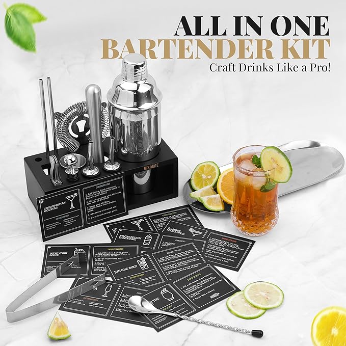Mixology Bartender Kit with Stand - 15 Piece Bar Tool Set, Silver Bar Set Cocktail Shaker Set for Drink Mixing - Includes Martini Shaker, Jigger, Strainer, Bar Mixer Spoon, Tongs, Opener | Gift Idea-Ruum Studio Home