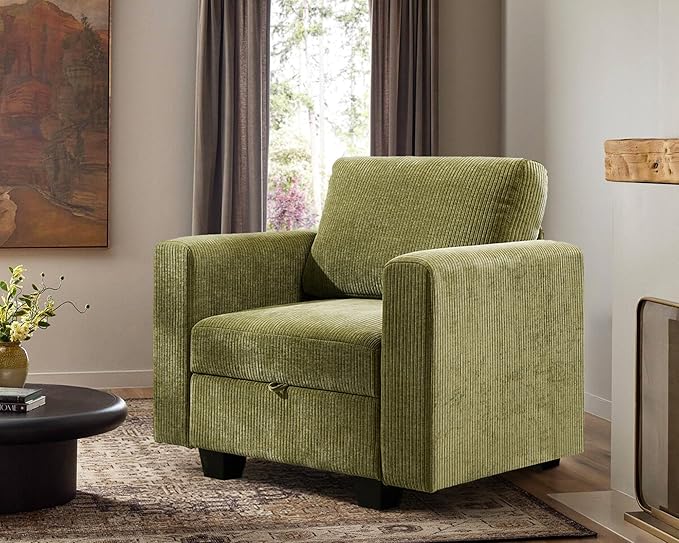 38.5 Oversized Accent Chair with Storage Green Corduroy, Single Modern Accent Sofa Chair with Arms for Apartment Living Room (21" Deep Seat)-Ruum Studio Home