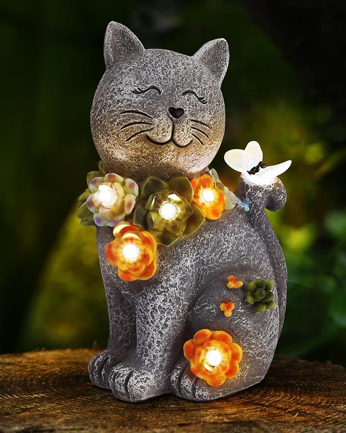 Solar Garden Statues Outdoor Decor, 6 LED Cat Flowers Butterfly Figurine Lights, Waterproof for Balcony Patio Porch Lawn Yard Ornament Art - Gift Ideas for Housewarming Gardening Grandma Women-Ruum Studio Home