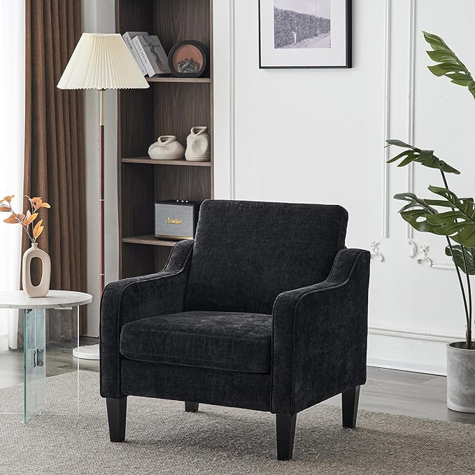 VINGLI Mid Century Modern Accent Chairs, Black Soft Chenille Reading Chair Upholstered Armchair Side Chairs Sofa Couches for Living Room, Bedroom, Apartment-Ruum Studio Home