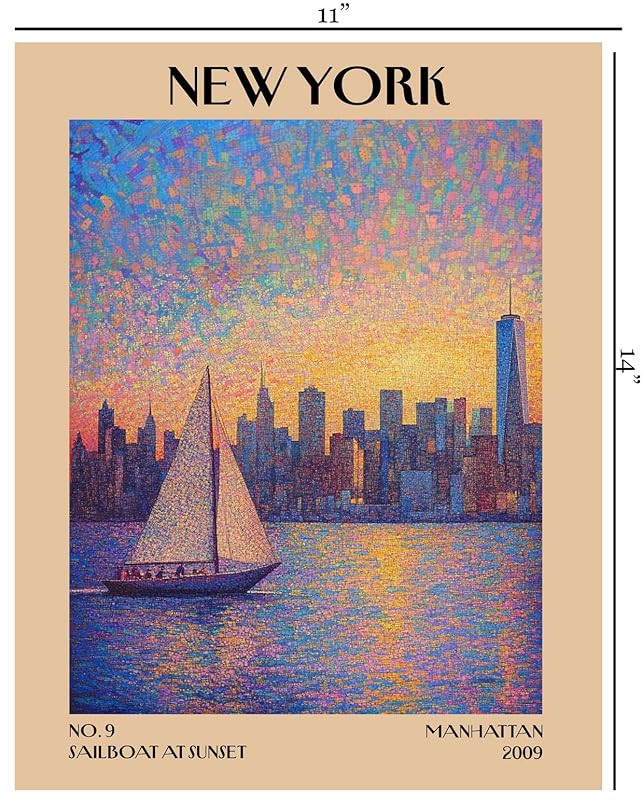 Retro Vintage New York Wall Art Print - 11x14 Unframed Poster - New York City Souvenirs, Cute Trendy Colorful Wall Decor (Sunset Sailboat, 11x14")-Ruum Studio Home