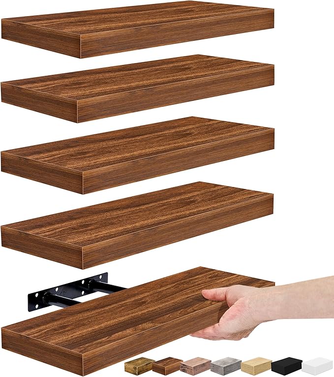 Sorbus Floating Shelves for Wall, Bathroom Shelves Wall Mounted for Kitchen, Bedroom, Living Room, Bathroom Storage, Over Toilet, Hanging Book Shelf for Ｗall Home Decor (Walnut, 5 Pack)-Ruum Studio Home