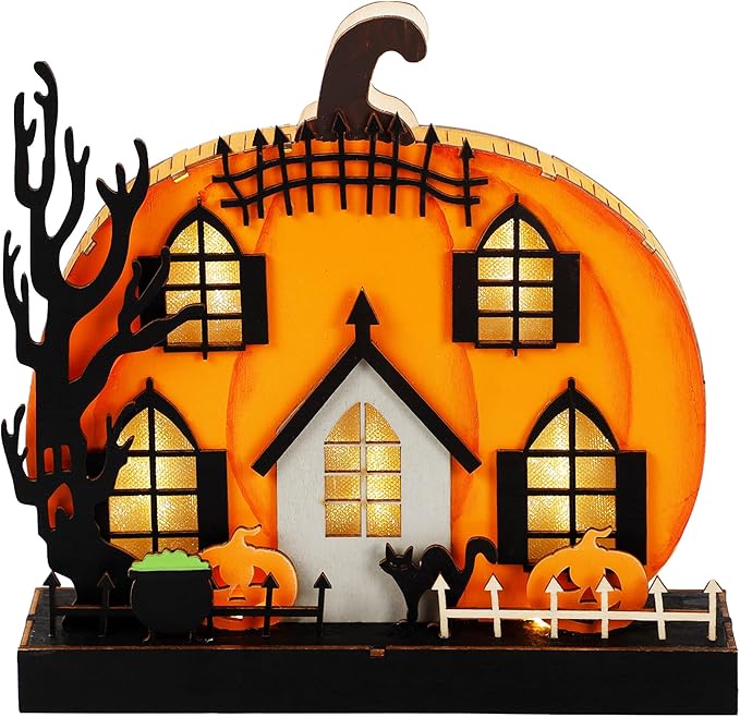 Lulu Home Halloween Tabletop Decoration, Wooden Lighted Pumpkin House Decoration Ornaments, Battery Operated Halloween Sign Indoor Fireplace Desk Kitchen Table Ornament, 9 x 9 x 2.1 INCH-Ruum Studio Home