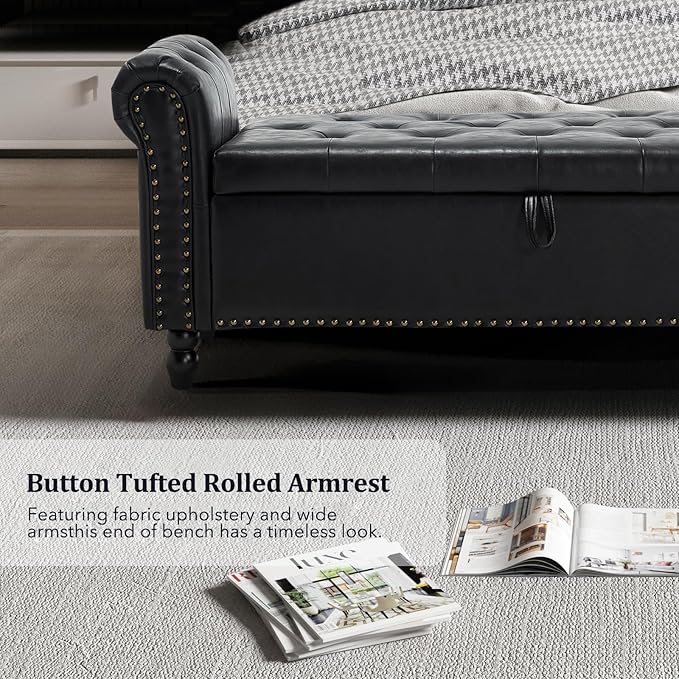 Furniliving 55” End of Bed Bench, Bedroom Bench with Button-Tufted, Large Upholstered Storage Ottoman Benches Entryway Bench with Storage Shoe Cabinet Bench, for Bedroom, Living Room, PU, Black-Ruum Studio Home