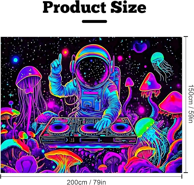 BVBOX Astronaut Space Blacklight Tapestry 79"x59", UV Reactive Astronaut DJ Universe Galaxy Planet Glow in Dark Music Tapestries, Black Light Neon Upright Poster Wall Hanging Backdrop Decor for Bedroom Living Room-Ruum Studio Home