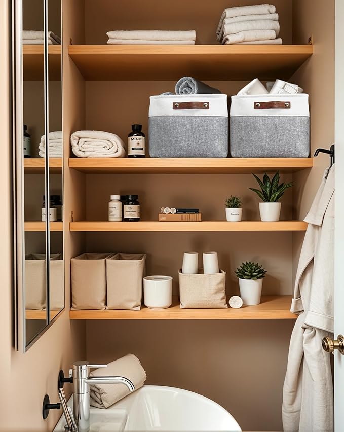 DECOMOMO Storage Bins Fabric Storage Baskets for Shelves, Linen Closet Organization Toys Nursery (Grey and White, Large - 3 Pack)-Ruum Studio Home