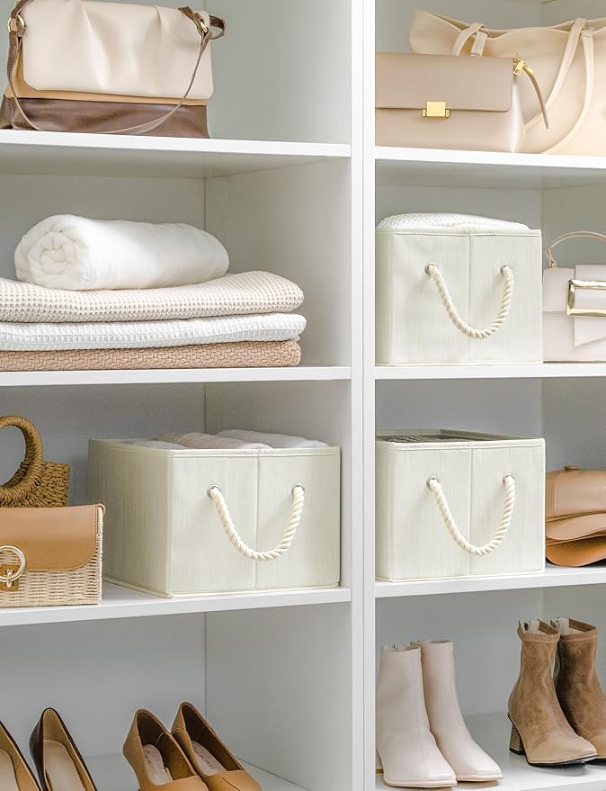 StorageWorks Storage Baskets for Shelves, Foldable Fabric Closet Storage Bins with Handles, Fabric Storage Bins Clothes Organizer, Beige, White & Ivory, 3-Pack, Large-Ruum Studio Home