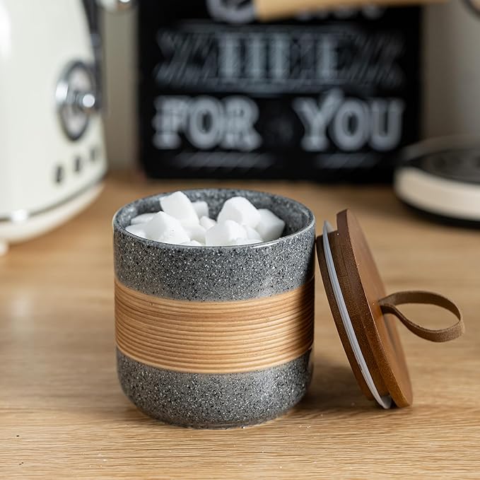 Small Ceramic Jar with Lid, Coffee Container, Coffee Canisters with Airtight Lids Kitchen Food Storage Jars for Spice Sugar Tea Bag, Mini Decorative Jars for Countertop, Grey & 5oz-Ruum Studio Home