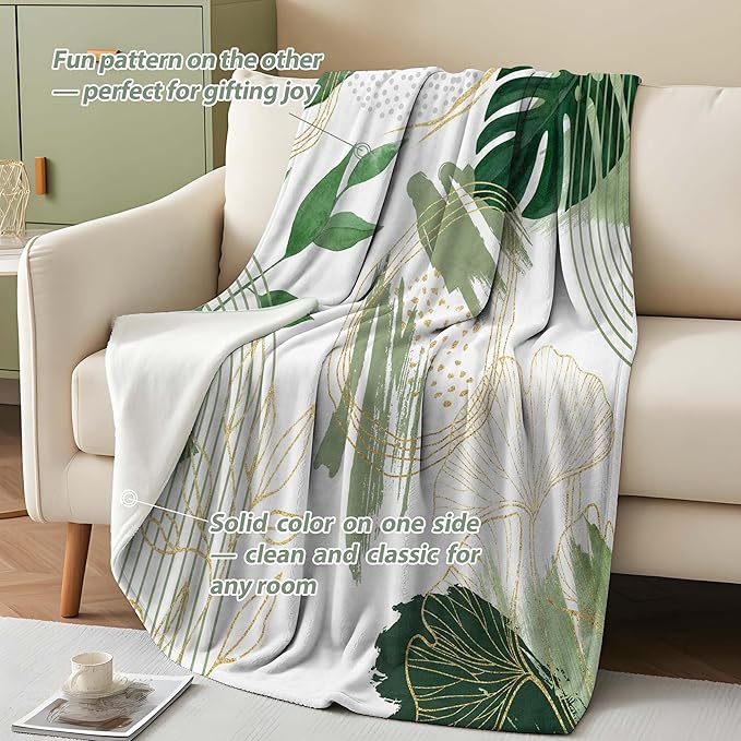 Sage Green Leaf Throw Blanket Mid-Century Green and Gold Boho Flannel Blankets for Couch Bed Living Room Sofa, Decorative Patterned Super Soft Cozy, 50x60 in-Ruum Studio Home