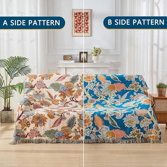 Boho Throw Blanket for Bed, Sofa,Cozy Lightweight Fall Blanket,100% Cotton Southwestern Farmhouse Floral Decor, Reversible Rustic Blanket, Chair, Picnic Throw Blanket,50"x60"-Ruum Studio Home