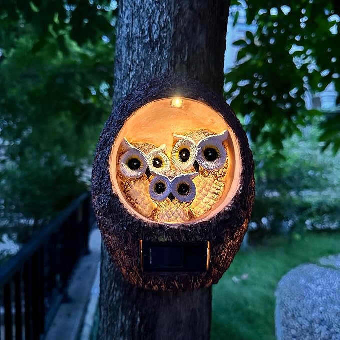 Garden Owl Family Tree Hugger Statue Solar Powered Outdoor Wall Mounted Figurine Light Resin Sculpture Home Decoration Housewarming Ornament Unique Gift-Ruum Studio Home