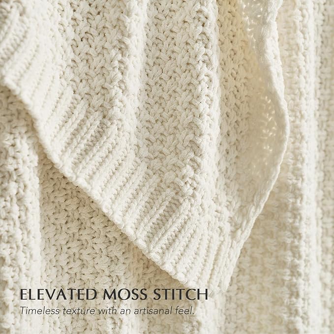 Chunky Chenille Knit Throw Blanket for Couch, Soft Luxurious Moss Stitch Blankets for Bed, Cozy Decorative Farmhouse Knitted Throws for Sofa, Ivory White, 60" x 80"-Ruum Studio Home