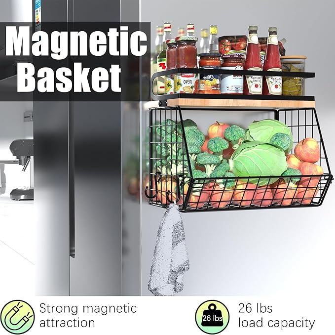 Magnetic Spice Rack for Refrigerator, Fruit, Potato & Onion Storage Bin,Large Capacity Magnetic Shelves for Side of Refrigerator, Kitchen Organizers and Storage Countertop,1 Pack Black-Ruum Studio Home