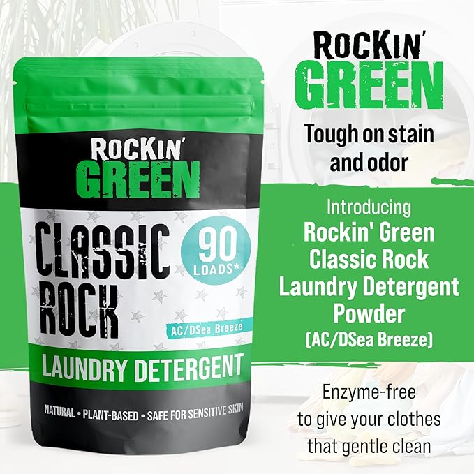 Rockin' Green Classic Rock Laundry Detergent (90 Loads), Plant based, All Natural Laundry Detergent Powder, Vegan and Biodegradable Odor Fighter, Safe for Sensitive Skin, 45 oz (AC/DSea Breeze)-Ruum Studio Home