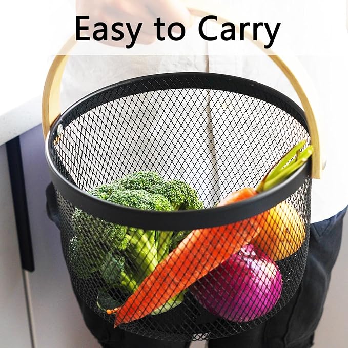 Metal Mesh Steel Basket, Garden Harvest Basket for Gathering Vegetables Round Wire Basket with Handle Storage Organizer Multi-functional Hanging Fruit Basket for Kitchen Bathroom Picnic-Ruum Studio Home
