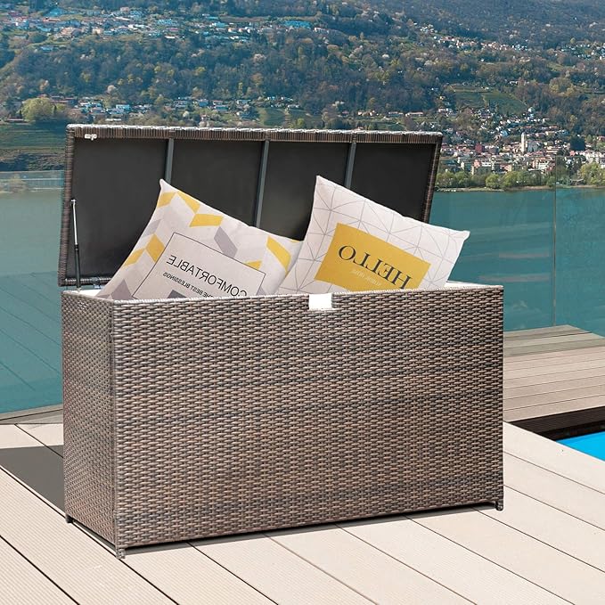 Super Patio Wicker Outdoor Patio Storage Box Waterproof, 120 Gallon Large Deck Box Rattan Storage Bin for Cushions, Garden Tools, Pool, Brown-Ruum Studio Home