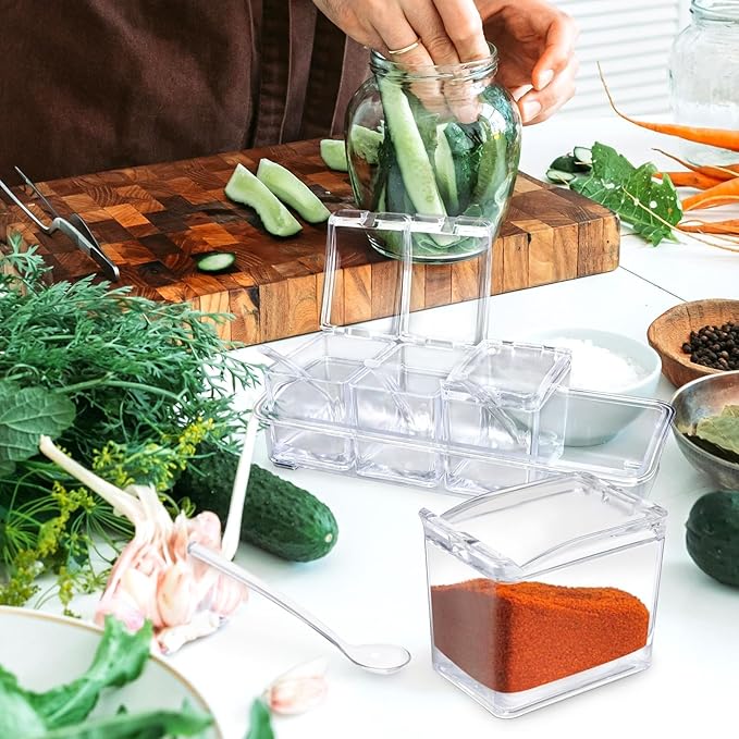 4-Cell Clear Seasoning Rack Spice Box, Storage Container Condiment Jars Acrylic Seasoning Box with Cover and Spoon (Enhanced Version Clear)-Ruum Studio Home