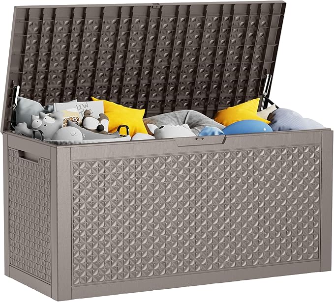 100 Gallon Resin Deck Box, Lockable Outdoor Storage Box for Patio Cushions Storage Furniture,Garden Tools, Pool Supplies, Weatherproof and UV Resistant (Grey L)-Ruum Studio Home