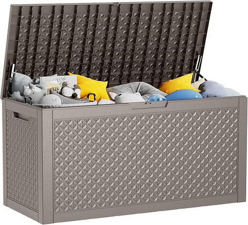 100 Gallon Resin Deck Box, Lockable Outdoor Storage Box for Patio Cushions Storage Furniture,Garden Tools, Pool Supplies, Weatherproof and UV Resistant (Grey L)-Ruum Studio Home