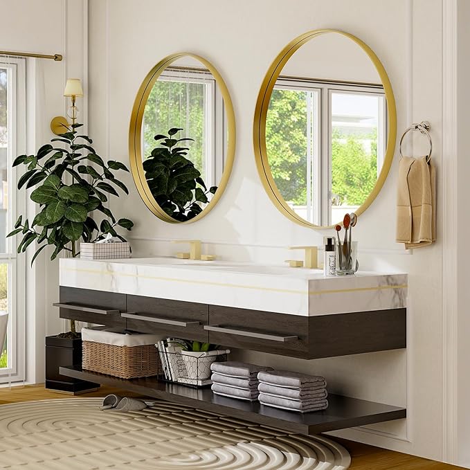 24 Inch Round Bathroom Mirror - Wall Mounted Circle Mirror with Metal Frame, Modern Mirror Suitable for Bathroom, Vanity, Entryway, Living Room, Wall Decor,Gold-Ruum Studio Home