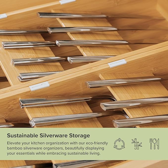 Premium Cutlery, Flatware, and Silverware Drawer Organizer – Slanted 3-Compartment Design with Labeled Slots, Non-Slip Feet, 100% Sustainable Bamboo, 2 Pack-Ruum Studio Home