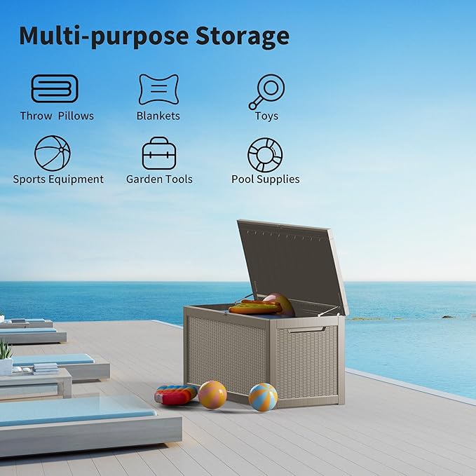 260 Gallon Double-Wall Resin Deck Box - Lockable Waterproof Outdoor Storage Box, 1000lbs Capacity & Doubles as Seating for Patio Furniture - Garden Tools, Pool Accessories (Brown)-Ruum Studio Home