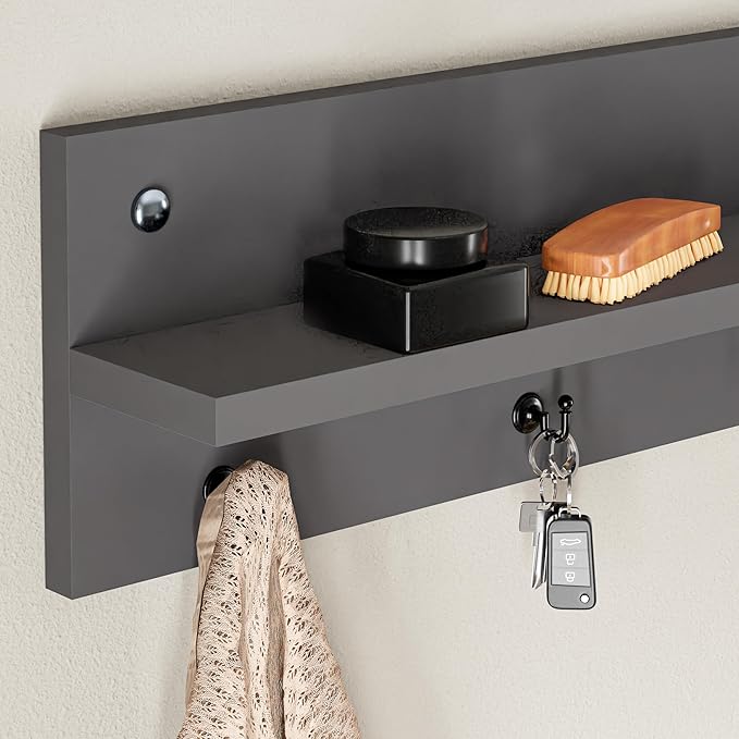 Modern Wall-Mounted Coat Rack with Shelf and Hooks - Wooden Entryway Organizer (Grey)-Ruum Studio Home
