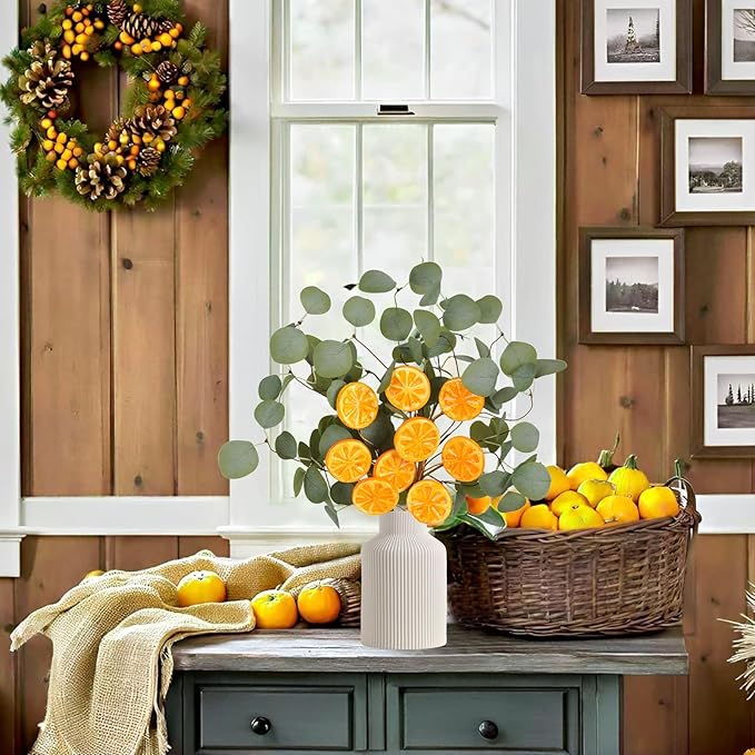 Eucalyptus Stems, 4PCS Artificial Lemon Stems Faux Citrus Branches Plastic Decor for Kitchen, Table Centerpieces, Entryway, Thanksgiving Wedding Party (Green)-Ruum Studio Home