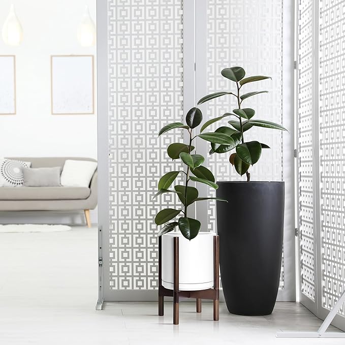 D'vine Dev Ceramic Planter with Walnut Color Stand - 10 Inch Modern Round Flower Pot with Wood Planter Holder, White, 55-B-X-1-Ruum Studio Home