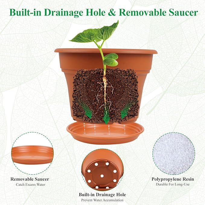 8 Inch Plastic-Flower Pot-for-Indoor Plants, 4 Pack Large Outdoor Planter Pot with Drainage Holes & Saucers, Resin Decorative Garden Pots Planters-Ruum Studio Home
