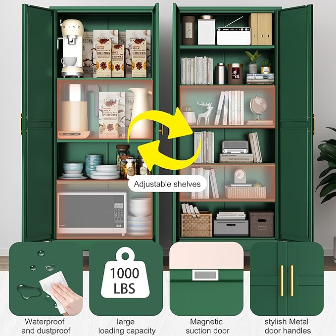Kitchen Pantry Storage Cabinet with Doors and Adjustable Shelves, Metal ClosetMaid Food Pantry Cabinets, 75" Tall Freestanding Cupboard for Kitchen, Laundry or Utility Room, Green-Ruum Studio Home
