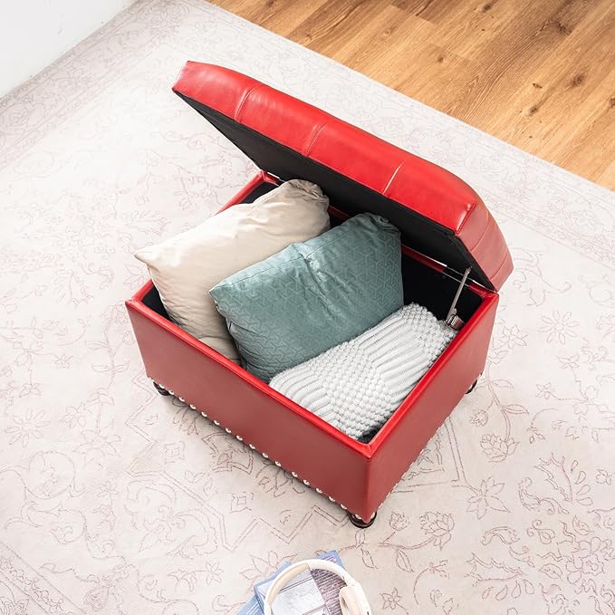 Joveco Leather Storage Ottoman, 24" Rectangle Square Bench Foot Rest Stool for Bedroom Living Room, Red-Ruum Studio Home