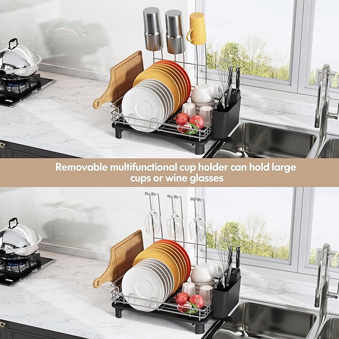 BOOSINY Stainless Steel Dish Drainers Drying Rack for Kitchen Counter with Automatic Drainage, 1 Tier Rust Proof Metal, Space Saving, Modern Aesthetic, Compact Plates Strainers,Gray-Ruum Studio Home